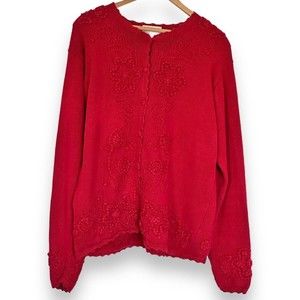 Susan Bristol Vintage 1993 Red Hand Embroidered  Cardigan Sweater Sz Large